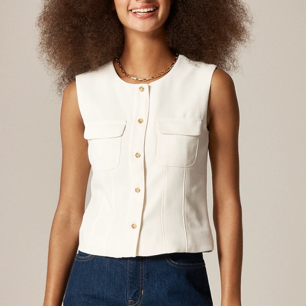 NWT J. Crew Ivory Sleeveless Button Front Crewneck Vest in City Crepe - Picture 2 of 6